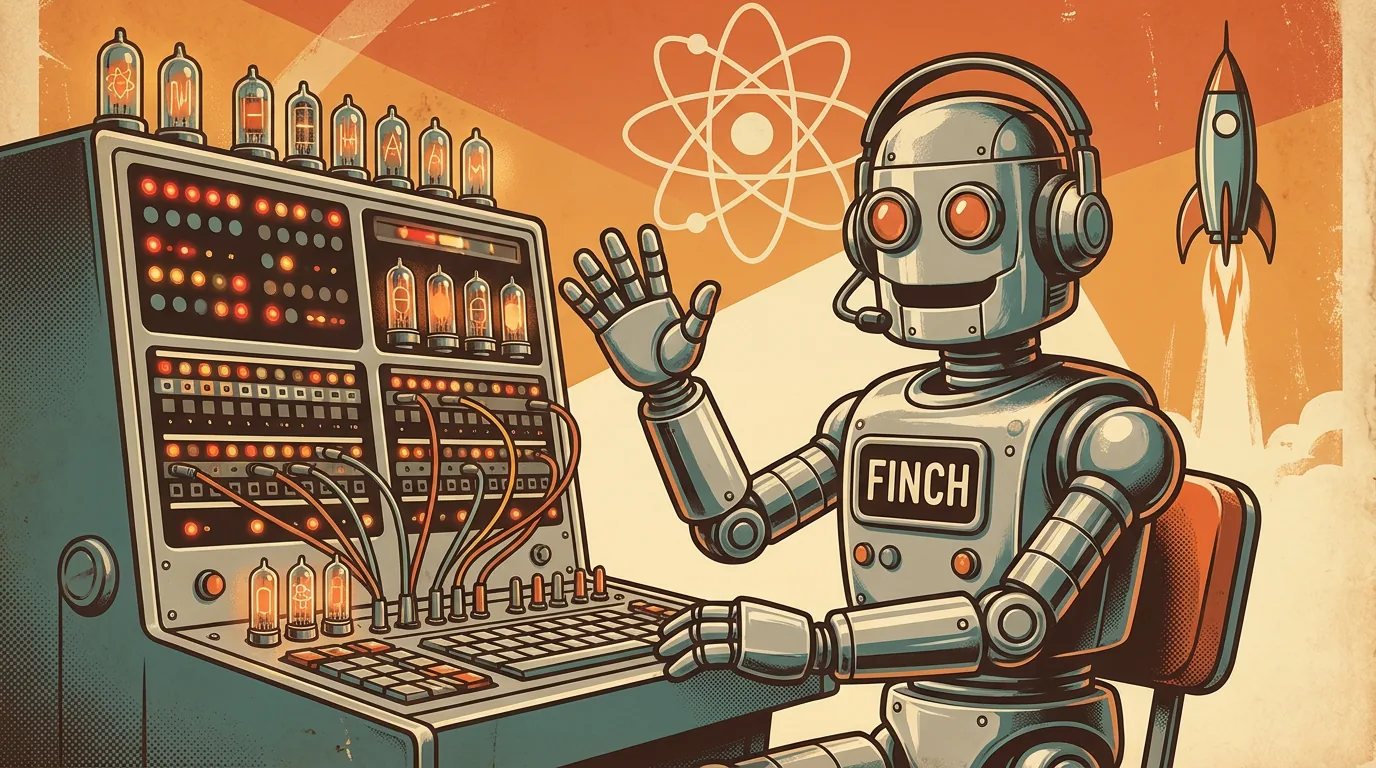Finch wearing a headset, waving hello at a glowing retro control console