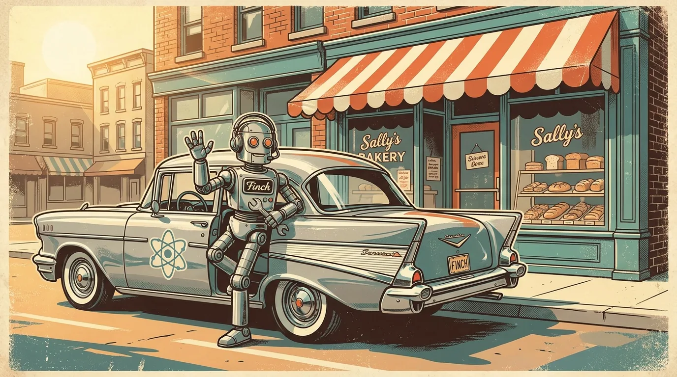 Finch the robot waving beside a vintage car, parked outside Sally's Bakery on Main Street